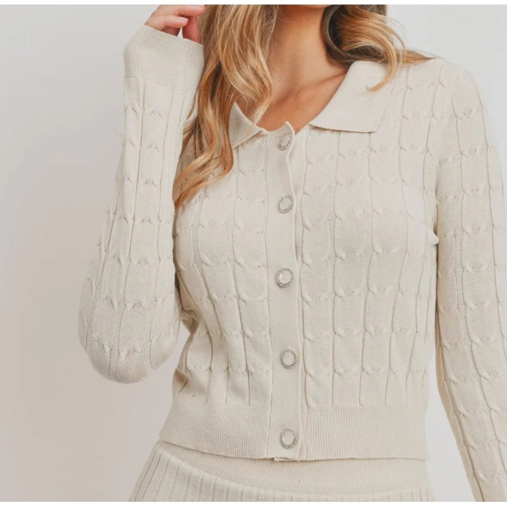 SWEET RAIN Womens Beige Cable Knit Collared Cropped Cardigan Sweater Size L